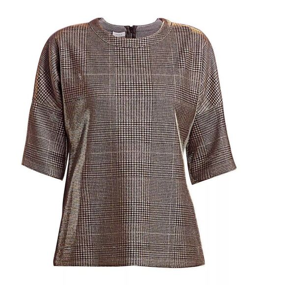 Akris Punto Metallic Lurex Glen Check Top 3/4 Sleeve Plaid Silver Women's 12 - Picture 1 of 9